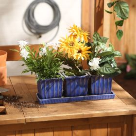 BLUE SQUARE CERAMIC SMALL PLANTER SET OF 3