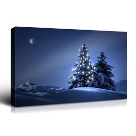 Framed Canvas Wall Art Decor Painting For Chrismas, Lighted Pine Tree at Night Chrismas Gift Painting For Chrismas Gift
